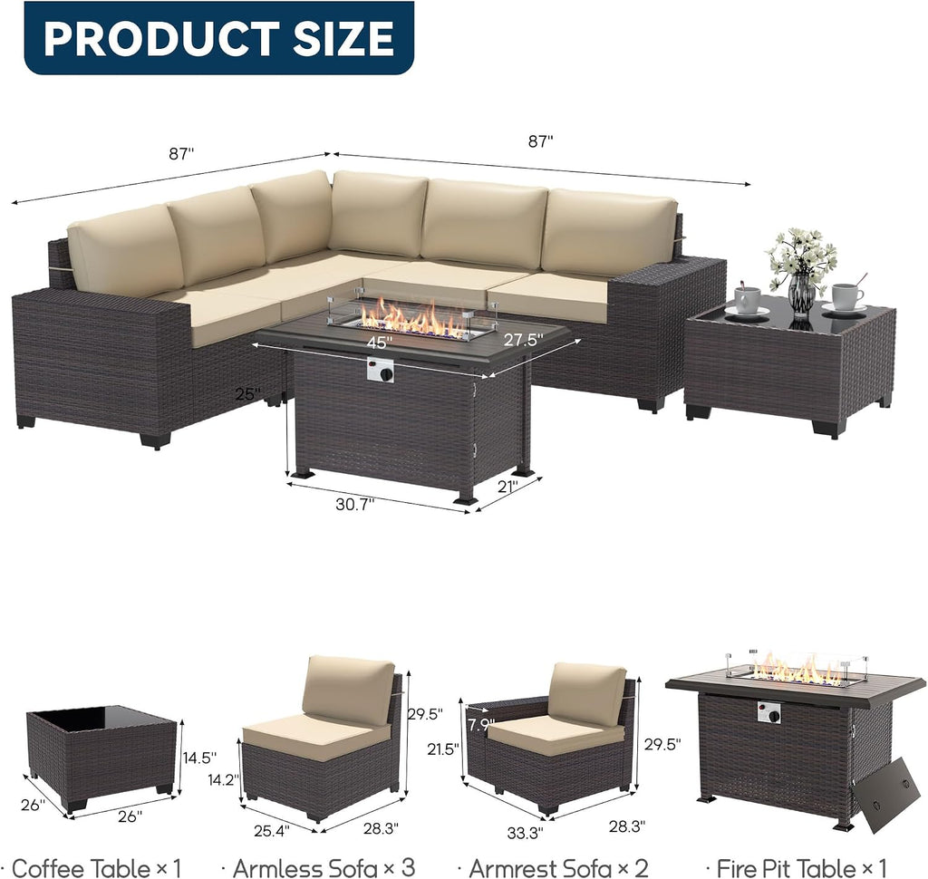 Patio Furniture Set 7 Pieces Outdoor Furniture Patio Conversation Set w/43in Gas Fire Pit,PE Rattan Wicker 7 Pcs Outdoor Sofa Set w/55000 BTU Propane Fire Pit Table,Sand