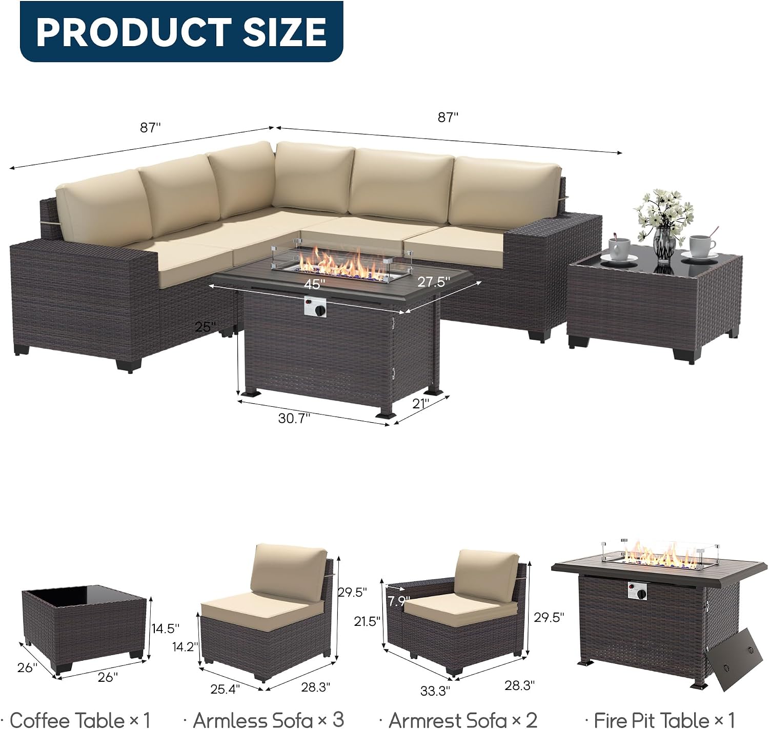 Patio Furniture Set 7 Pieces Outdoor Furniture Patio Conversation Set w/43in Gas Fire Pit,PE Rattan Wicker 7 Pcs Outdoor Sofa Set w/55000 BTU Propane Fire Pit Table,Sand