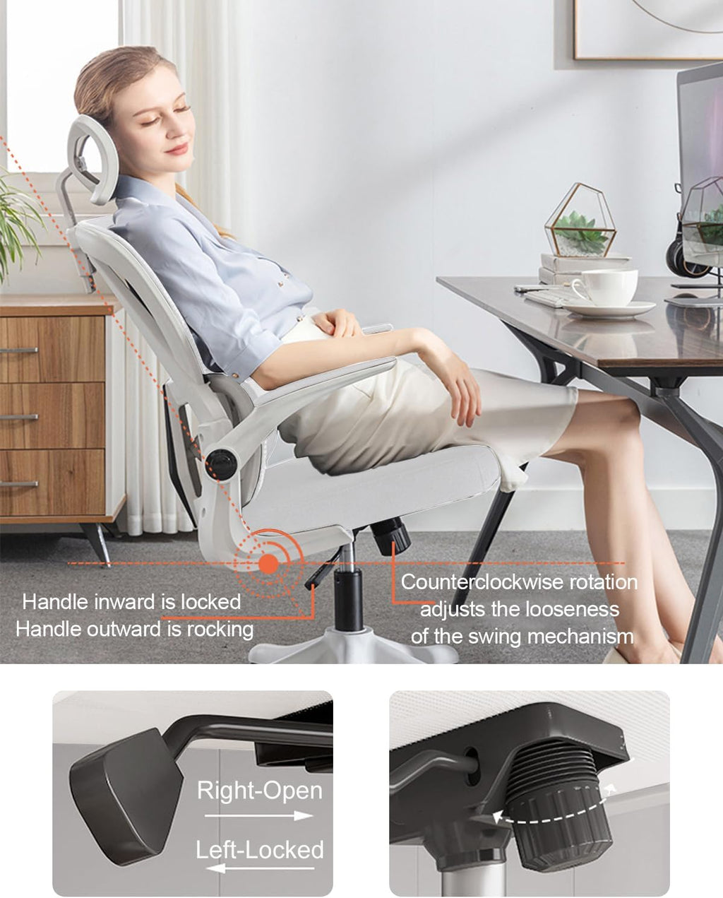 Office Chair Mesh Desk Chair, Ergonomic High-Back Rolling Gaming Work Chairs with Wheels and Adjustable Headrests,Comfortable Flip-up Arms for Home,Bedroom,Study Gaming