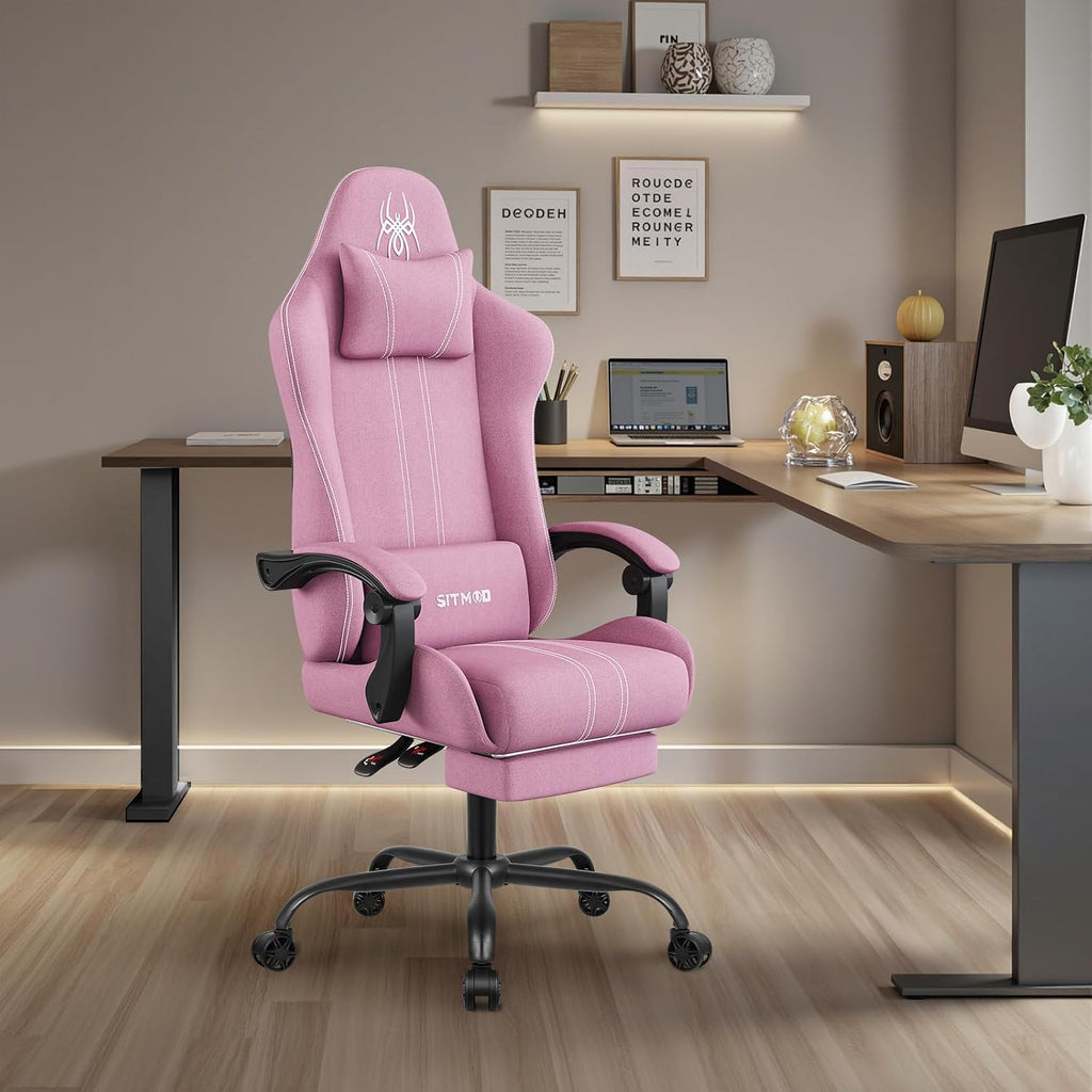 SITMOD Fabric Gaming Chair with Footrest-Breathable Computer Chair with Headrest & Lumbar Pillow,Big and Tall Ergonomic Gamer Chair for Heavy Adults,22.44' Deep Seat Gaming Chairs for Adults(Pink)