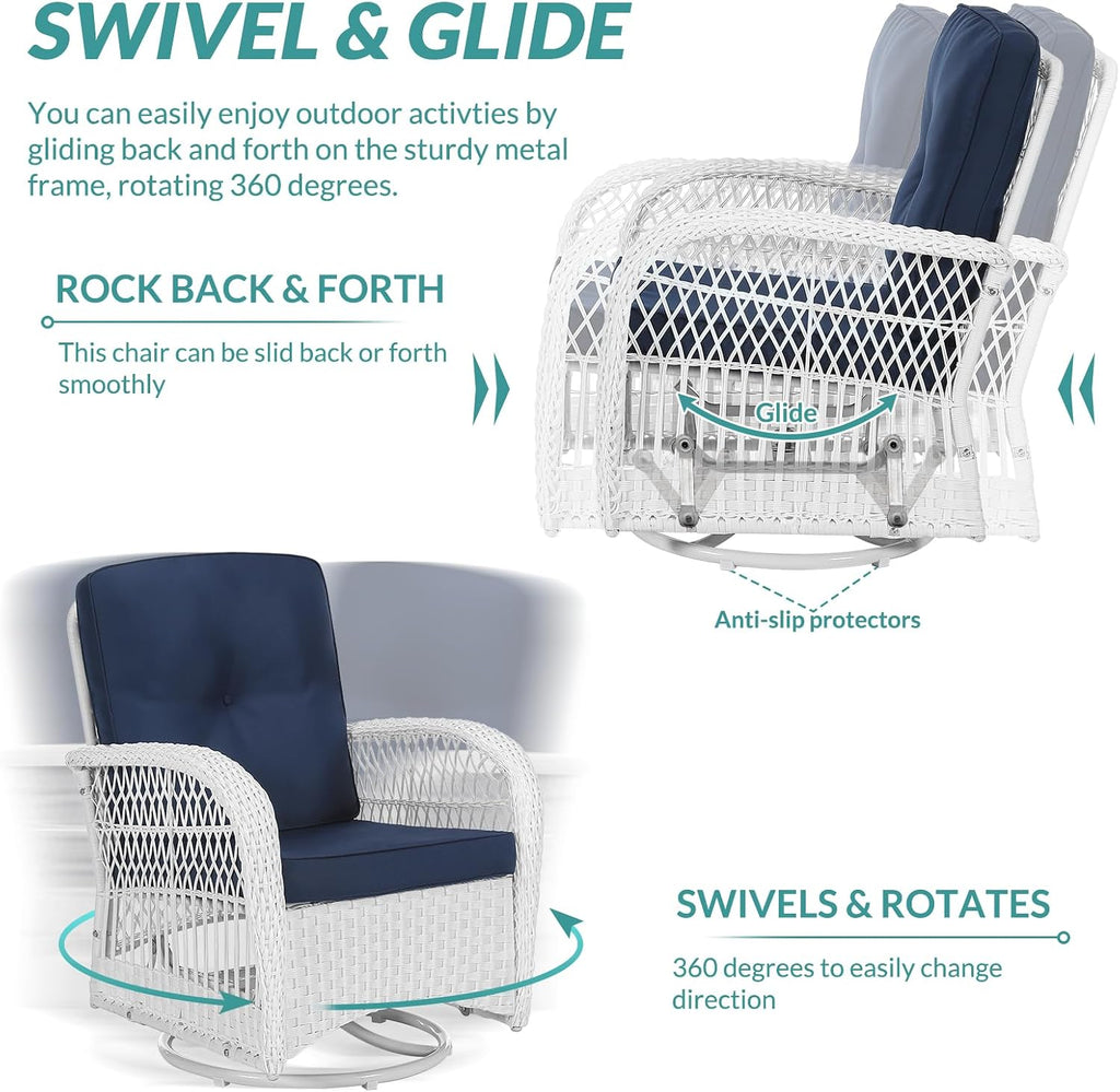 MEETWARM 3 Pieces Outdoor Wicker Swivel Rocker Patio Set, Rocking Chairs Rattan Patio Furniture Sets with Thickened Cushion and Glass-Top Coffee Table, Conversation Bistro Set, White Wicker/Navy