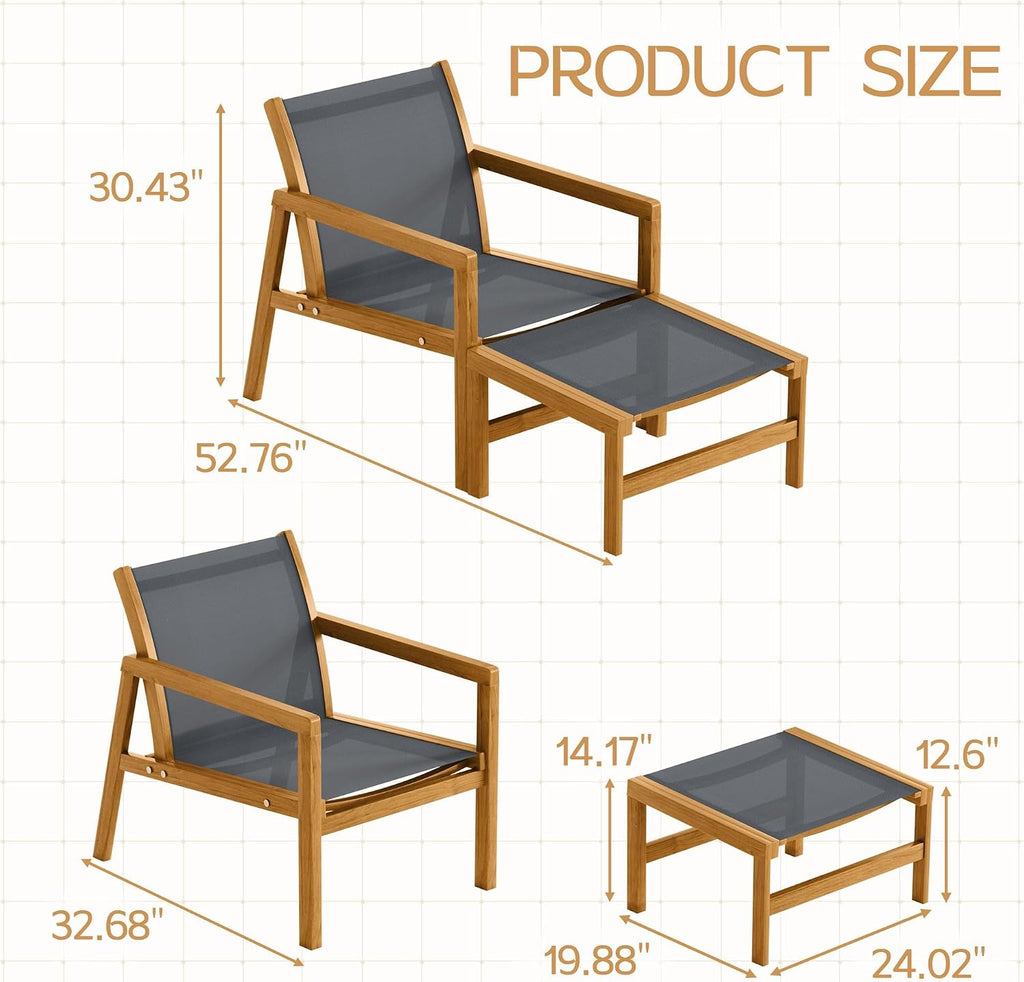 Devoko Patio Furniture Set 4 Piece Outdoor Conversation Set Acacia Wood and Textile Chairs with Footstool for Patio, Lawn, Garden, Poolside