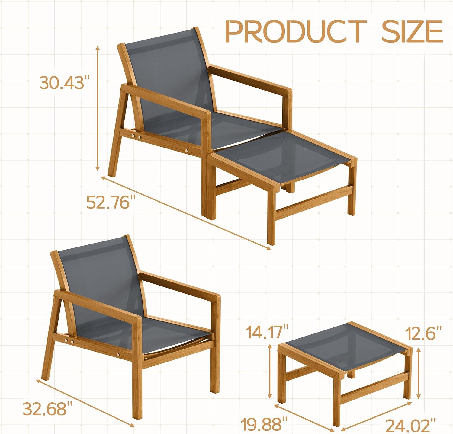 Devoko Patio Furniture Set 4 Piece Outdoor Conversation Set Acacia Wood and Textile Chairs with Footstool for Patio, Lawn, Garden, Poolside
