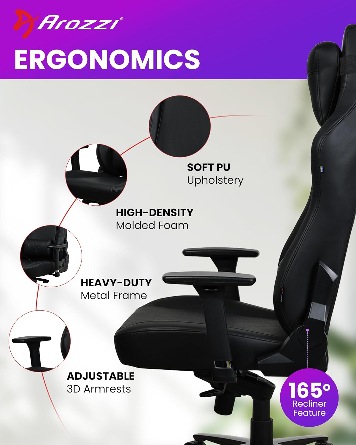 Arozzi Vernazza XL Soft PU Ergonomic Computer Gaming/Office Chair with High Backrest, Recliner, Swivel, Tilt, Rocker, Adjustable Height and Adjustable Lumbar and Neck Support - Pure Black