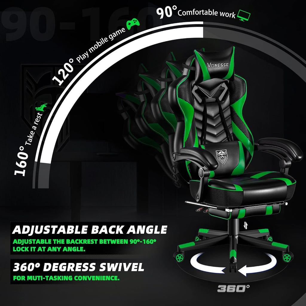 Vonesse Gaming Chair, Big and Tall Gaming Chair with Footrest and Massage, Gaming Chairs for Adults with Lumbar Support, Ergonomic High Back Computer Chair with Pocket Spring Cushion (Green/Black)