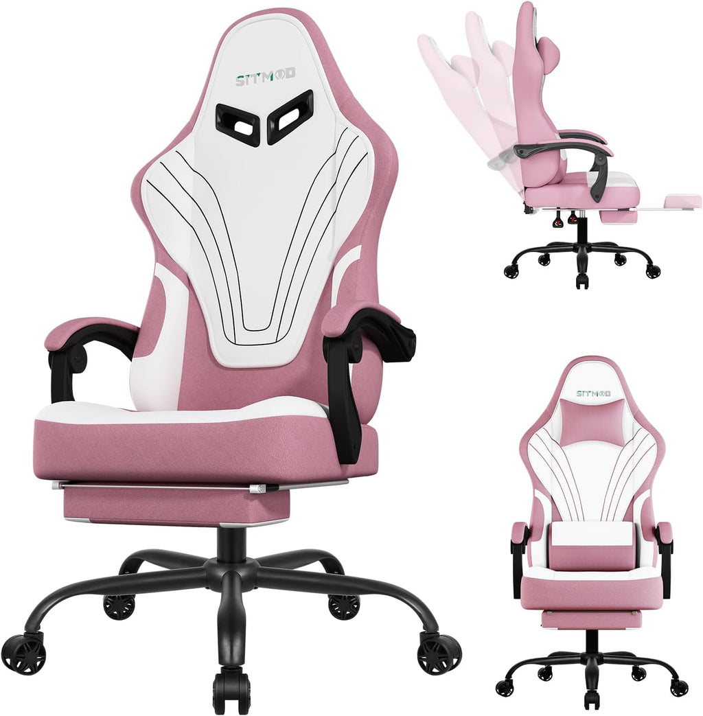 Gaming Chair Fabric, Ergonomic Computer Chair with Footrest, Video Gamer Chair with Pocket Spring Cushion,Linkage Armrests and Headrest Lumbar Support,Swivel Height Adjustable Office Chair for Adults