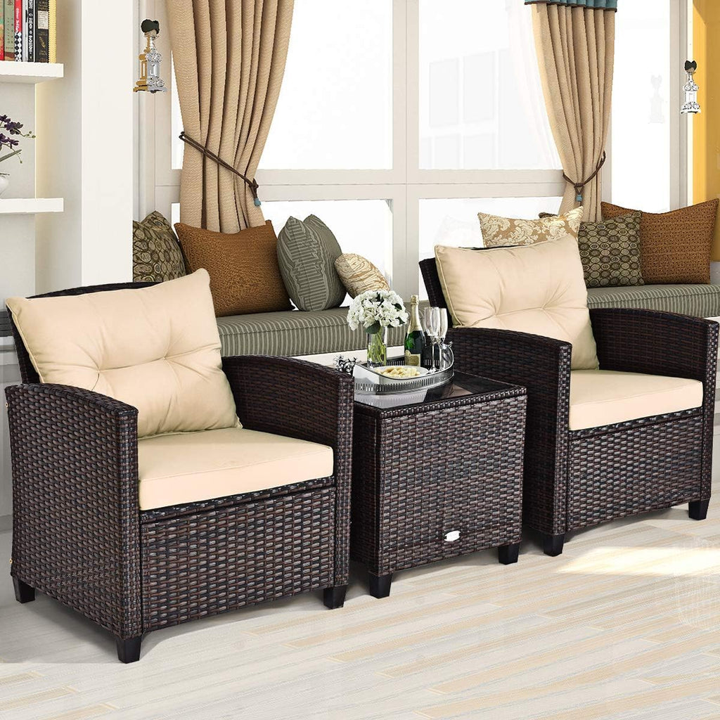 KOTEK 3 Piece Patio Furniture Set, Outdoor Conversation Set with Washable Cushions & Tempered Glass Tabletop, PE Rattan Wicker Bistro Set for Porch, Garden, Balcony (Beige)