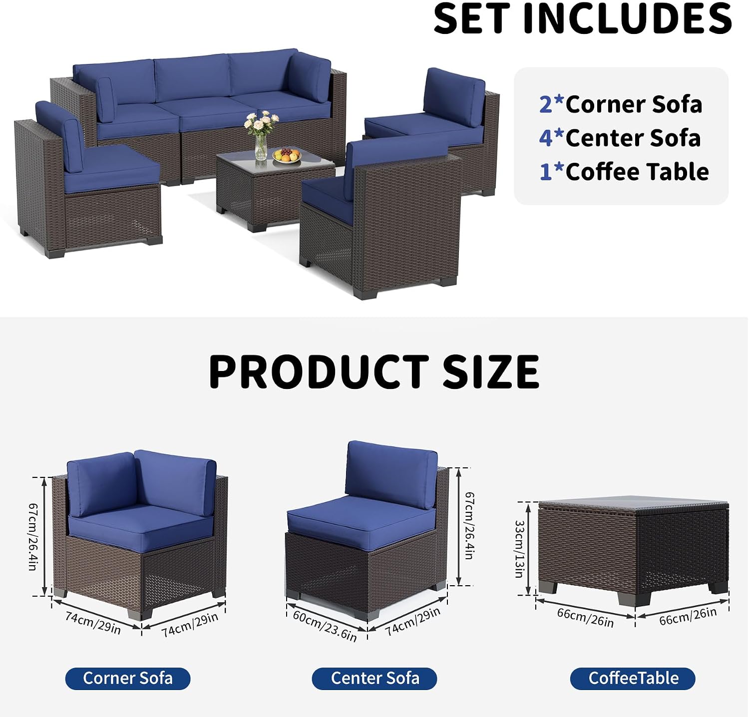 YLGJ&TIDY 7-Piece Outdoor Sectional Patio Furniture Set, All-Weather Wicker Rattan Sofa w/Thick Washable Cushions & Tempered Glass Table, Perfect for Garden, Poolside, Backyard (7, Navy Blue)
