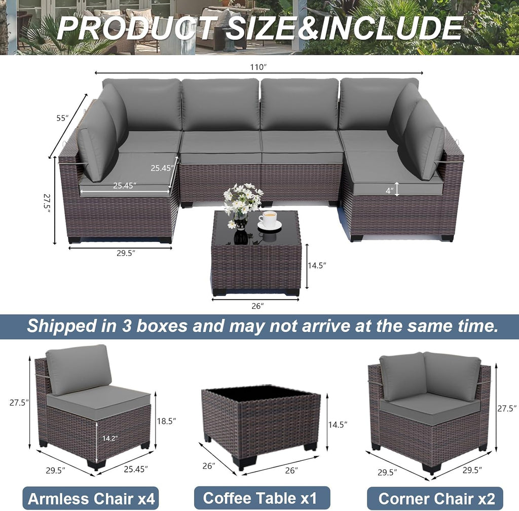 ALAULM Patio Furniture Set with Coffee Table, 7 Pieces Outdoor Sectional with Wide Seat and Thick Cushion, All Weather Wicker Rattan Conversation Set for Backyard, Garden, Deck, Grey