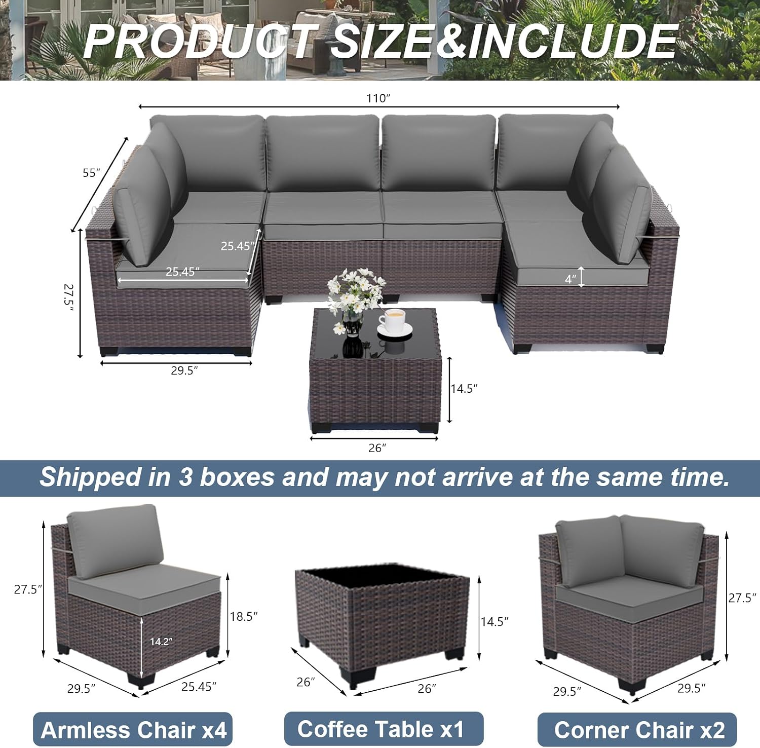 ALAULM Patio Furniture Set with Coffee Table, 7 Pieces Outdoor Sectional with Wide Seat and Thick Cushion, All Weather Wicker Rattan Conversation Set for Backyard, Garden, Deck, Grey