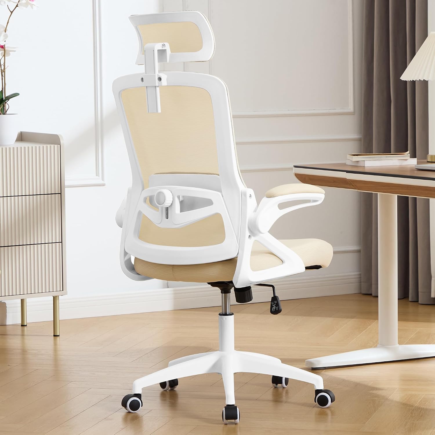 Fizzin Ergonomic Office Chair, 400 LBS Computer Chairs with Adjustable Lumbar Support, Breathable Mesh Desk Chair Ergonomic with Thickened Cushion, Comfy Home Office Desk Chair (Buff Beige)