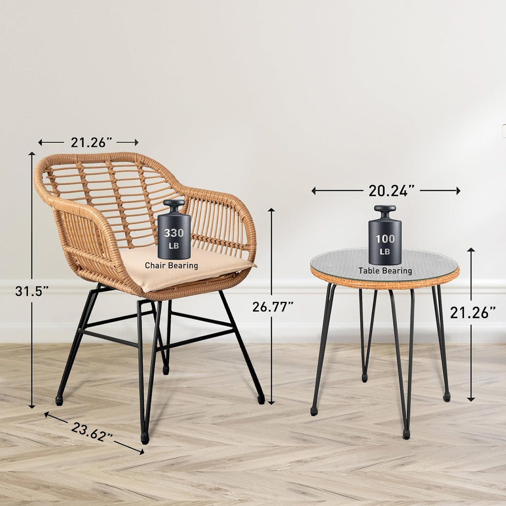3 Piece Outdoor Wicker Furniture Bistro Set, Rattan Chairs Conversation Sets Wicker Patio Furniture for Balcony Poolside Backyard, Beige