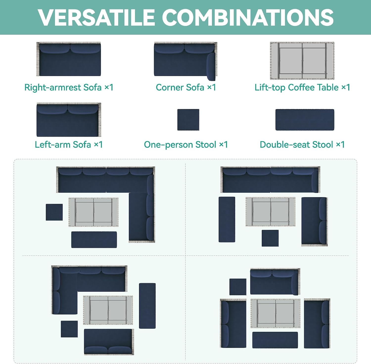 YITAHOME L-Shaped Patio Furniture Set, All Weather Wicker Outdoor Sectional Sofa Conversation Set with Dining Table and Ottoman, Navy Blue