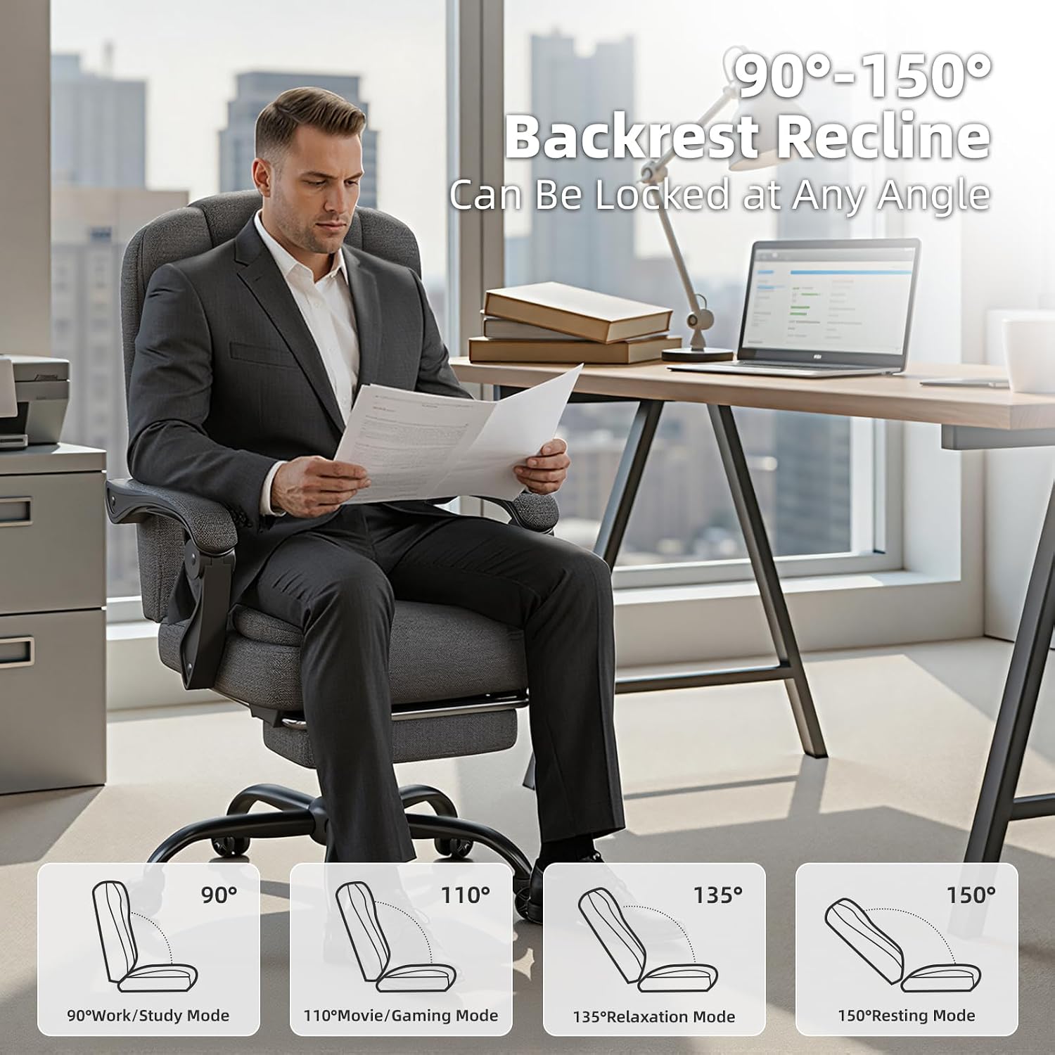 Office Chair, Ergonomic Fabric Gaming Chair for Adults, Comfy Reclining Computer Chair with Foot Rest, Adjustable Swivel Desk Chair, Executive Gamer Chair, Comfortable Silla Oficina for Home & Game