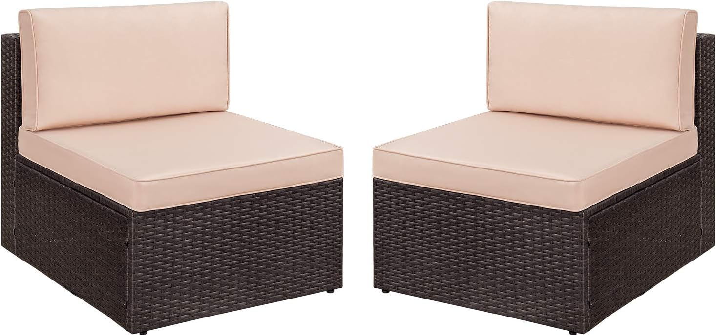 Devoko 2 Pieces Patio Furniture Sets,Wicker Outdoor Sofa with Thick Cushion and Pillow,Small Sectional Couch All-Weather Armless Sofa for Backyard,Porch & Poolside,Waterproof Patio Furniture