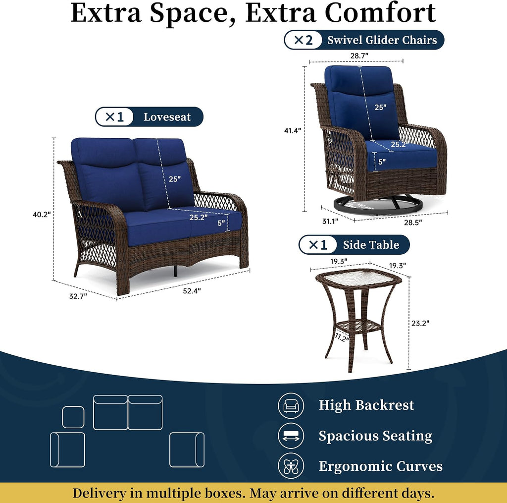 PIZZELLO 4 Pieces Patio Furniture Set w/ 5' Cushions and 25' Full Support Back, Outdoor Loveseat Couch, Swivel Rocker Patio Chairs and Side Table, Wicker Sectional Conversation Set for Backyard