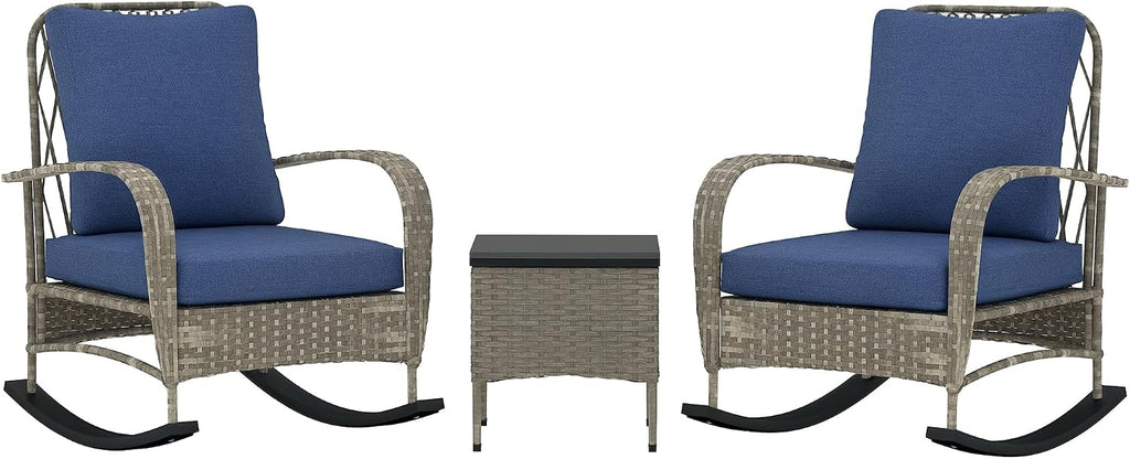 Outsunny 3 Piece Wicker Patio Furniture Set, PE Rattan Rocking Chairs with Coffee Table, Cushions, Outdoor Bistro Set for Porch, Garden, Poolside, Gray