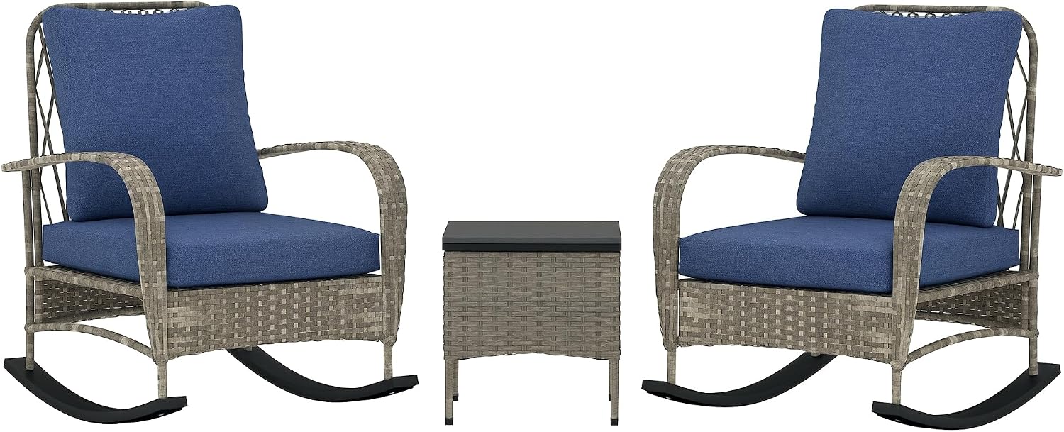 Outsunny 3 Piece Wicker Patio Furniture Set, PE Rattan Rocking Chairs with Coffee Table, Cushions, Outdoor Bistro Set for Porch, Garden, Poolside, Gray