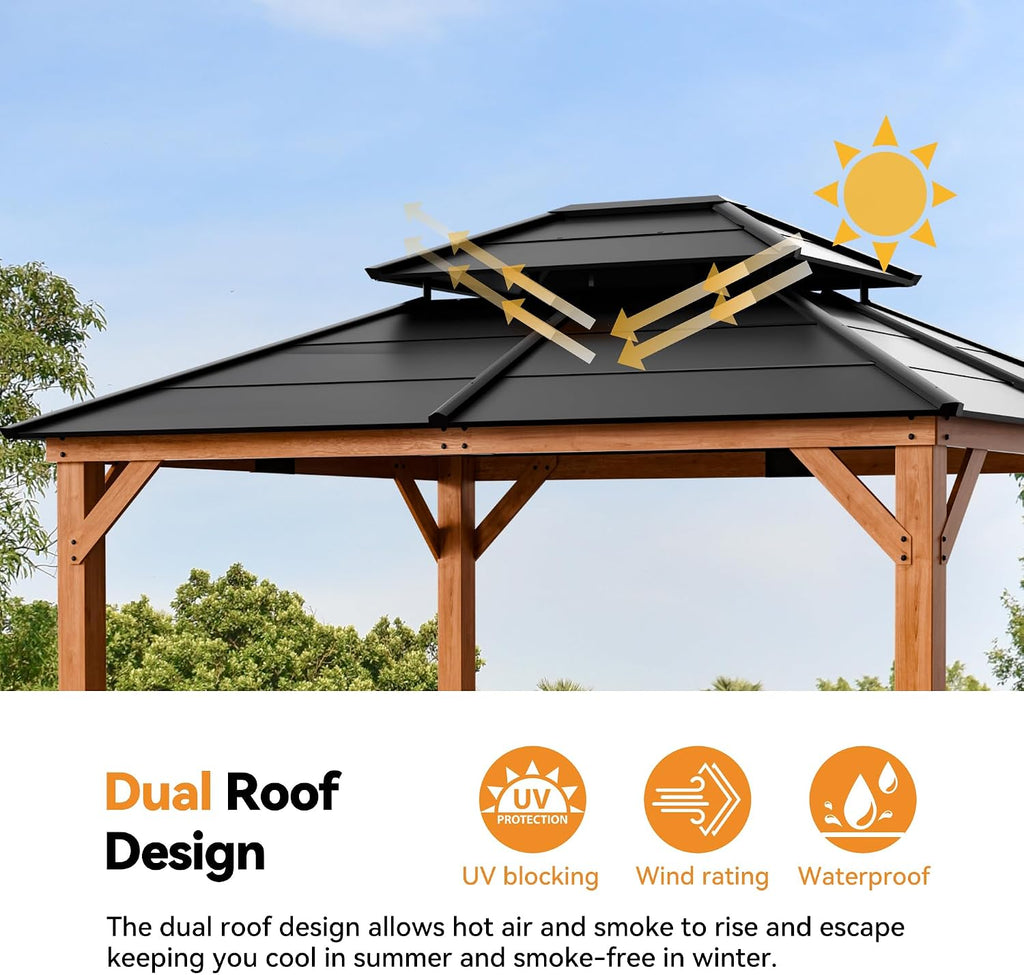 Modern Shade Wood Gazebo 11' x 13', Cedar Framed Wooden Gazebo with Double Galvanized Steel Roof, Hardtop Pavilion with Sturdy Hooks for Garden, Backyard Patio and Deck