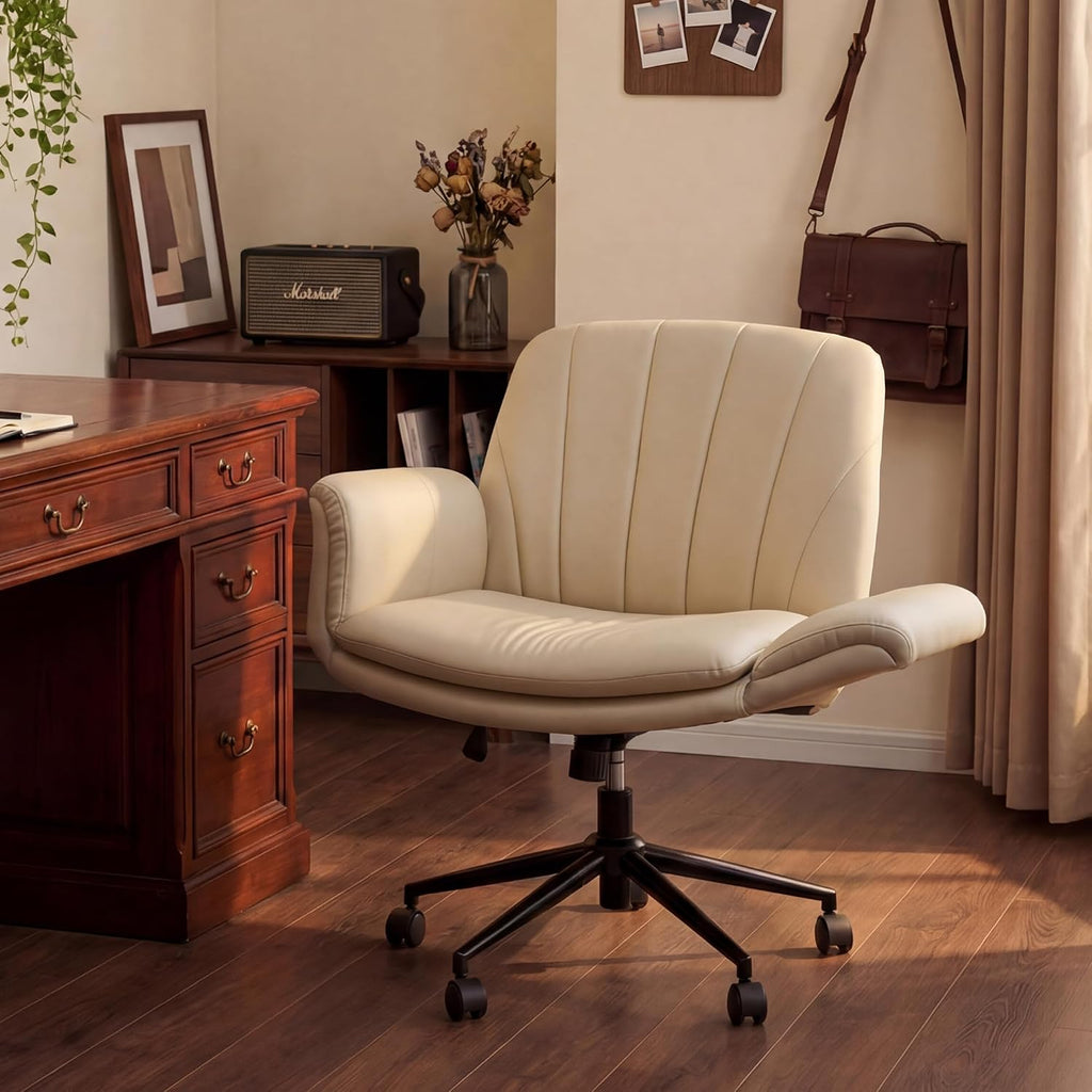 Dowinx Criss Cross Chair with Five-Level Adjustable Arms and Wheels - Comfortable Ergonomic PU Leather Swivel Vanity Chair - Computer Makeup Gaming Chair for Home Office, Bedroom, Vanity Room (Khaki)