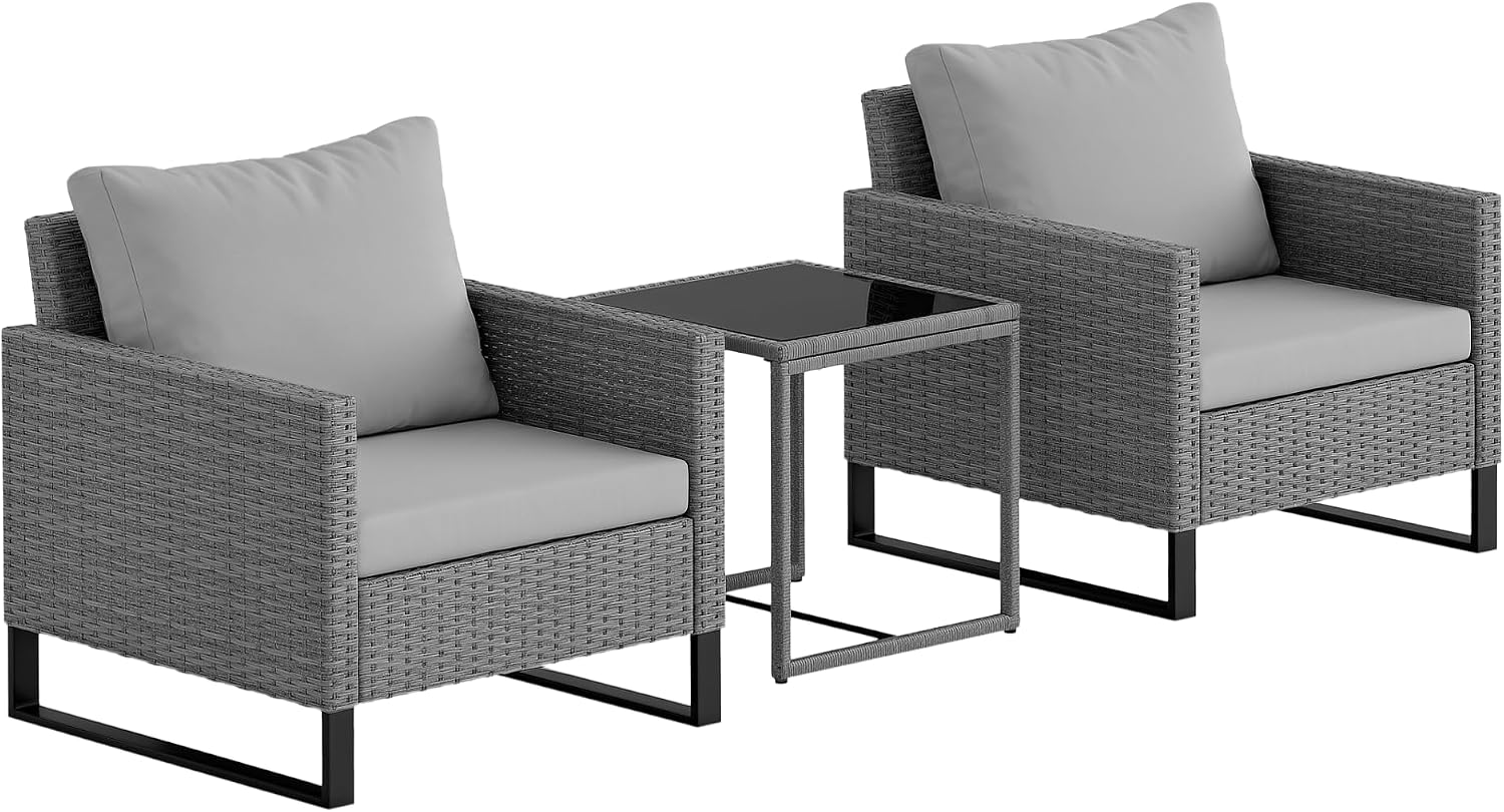 Outsunny 3 Pieces Patio Furniture Set, Wicker Conversation Bistro Set with 4 Soft Cushions, Rattan Chairs and Glass Coffee Table for Backyard, Porch, Poolside, Balcony, Gray