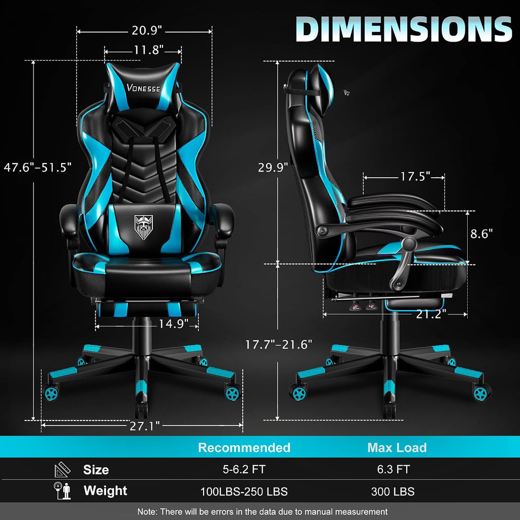 Vonesse Gaming Chair, Big and Tall Gaming Chair with Footrest and Massage, Gaming Chairs for Adults with Lumbar Support, Ergonomic High Back Computer Chair with Pocket Spring Cushion (Cyan/Black)