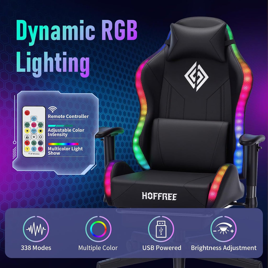 HOFFREE RGB LED Gaming Chair for Kids Reclining Gaming Chairs for Teens 8-15 Computer Chair with RGB Lights Kids PC Game Chair with Footrest and Lumbar Support Video Game Chairs Black