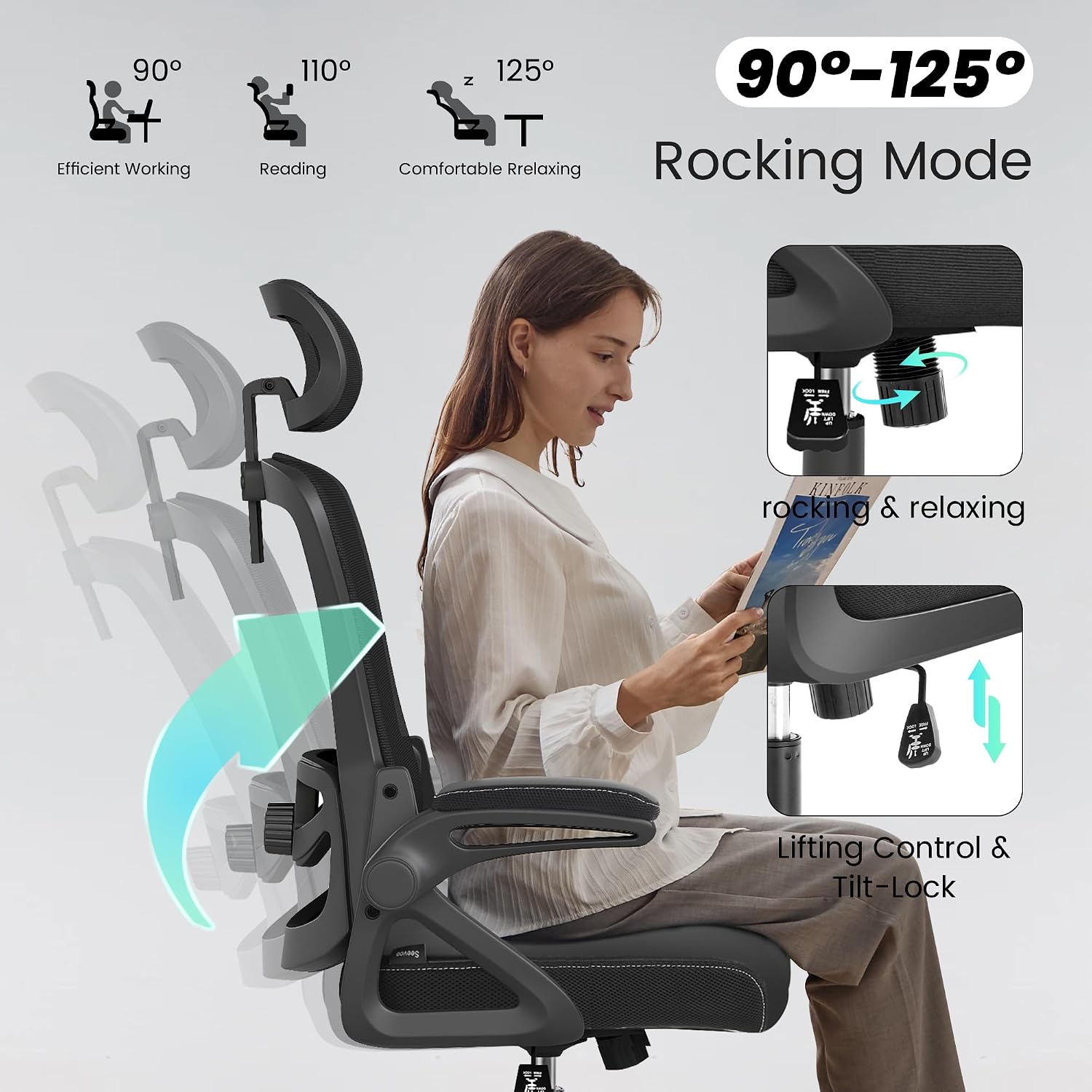 Fizzin Office Chair, Ergonomic Office Chair with Adjustable Headrest Lumbar Support Computer Chair, Desk Chair Comfy with Flip-up Armrests, Gaming Chairs for Adults Home Office (Leather, Black)
