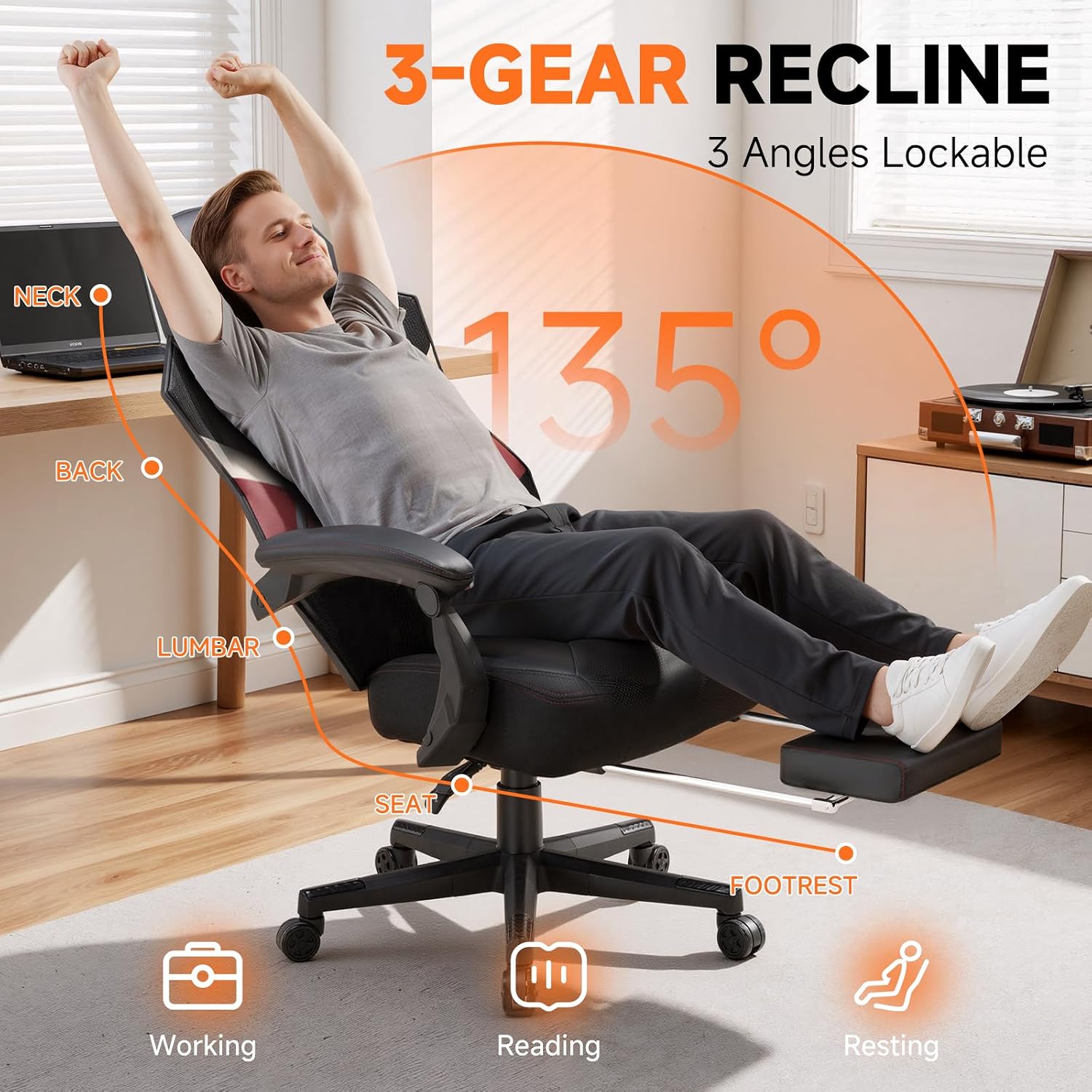 GTPLAYER Computer Chair with Adjustable Footrest, Ergonomic Gaming Chair with Headrest and Lumbar Support, Breathable Mesh Office Chair for Adults, High Back Reclining Desk Chair for Gaming and Office