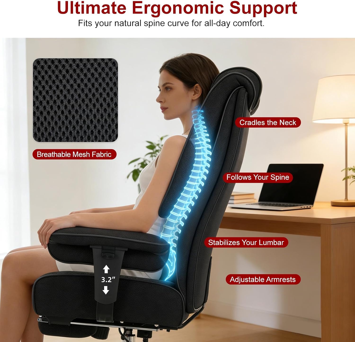 EXCEBET Big and Tall Office Chair 400lbs Wide Seat, Leather High Back Executive Office Chair with Lumbar Support, Ergonomic Chairs Padded Armrests & Thick Cushion (Mesh Dark Black)