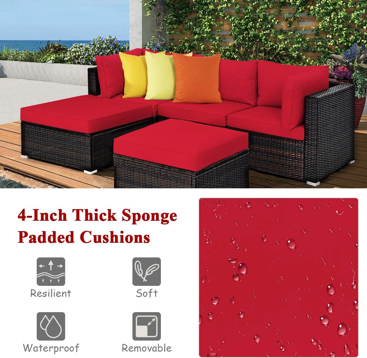 Tangkula 5 Piece Patio Furniture Set, Outdoor Sectional Rattan Sofa Set with Cushions and Coffee Table, Suitable for Backyard Porch Garden Poolside and Deck, Wicker Conversation Set (Red)