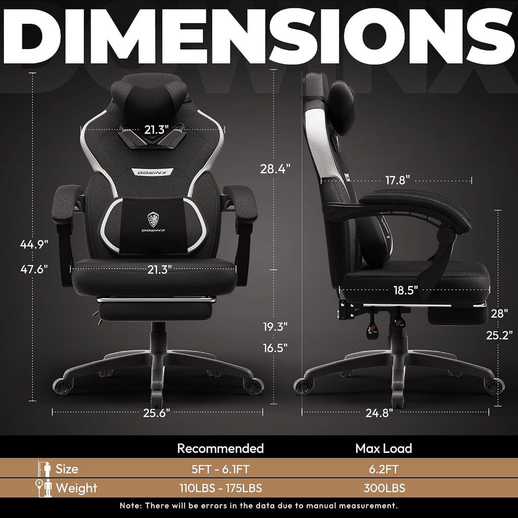 Dowinx Fabric Gaming Chair with Footrest,Big and Tall Game Chair for Heavy People, Gamer Chair with Massage Lumbar Support,Ergonomic Computer Gaming Chair for Adults, Fabric Black