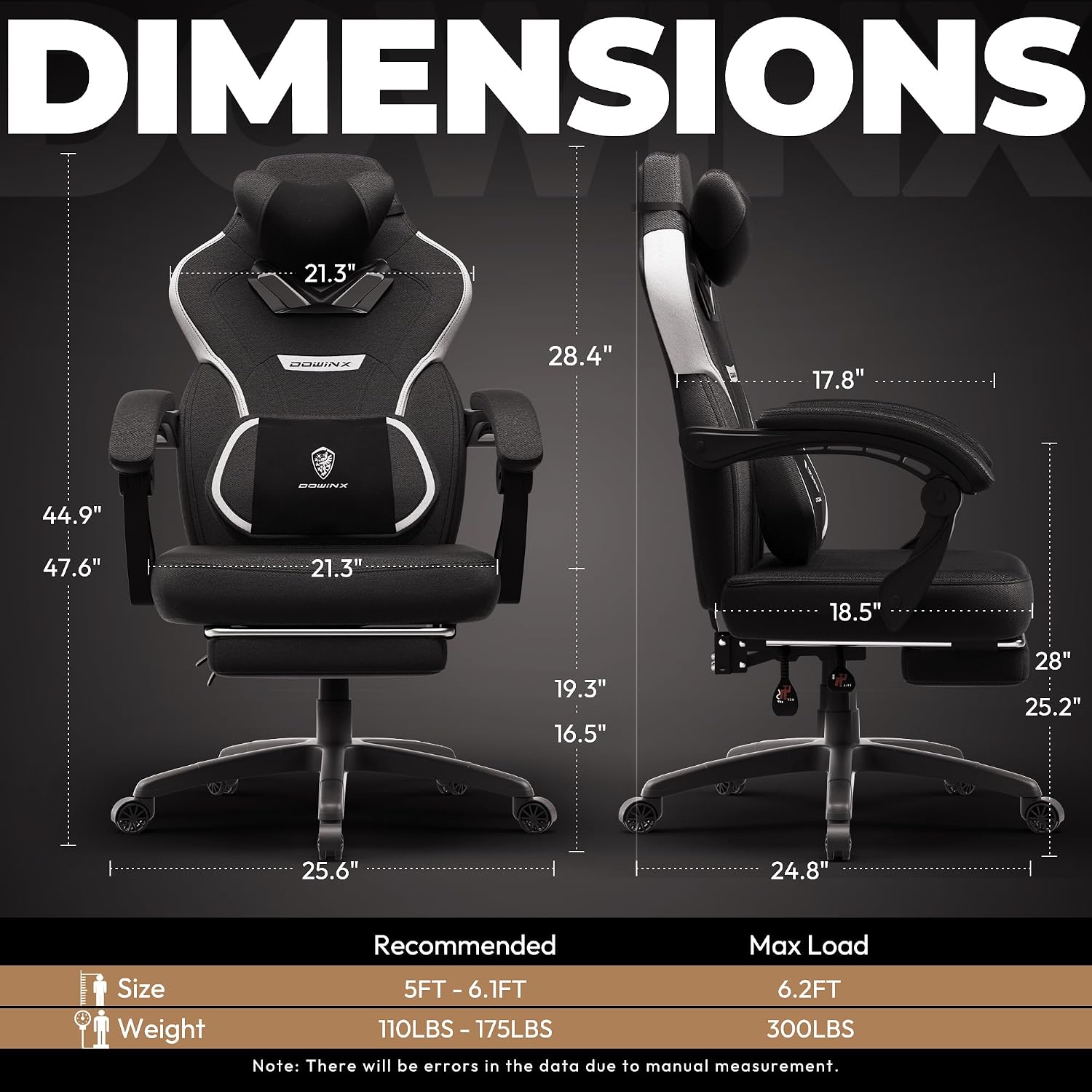 Dowinx Fabric Gaming Chair with Footrest,Big and Tall Game Chair for Heavy People, Gamer Chair with Massage Lumbar Support,Ergonomic Computer Gaming Chair for Adults, Fabric Black