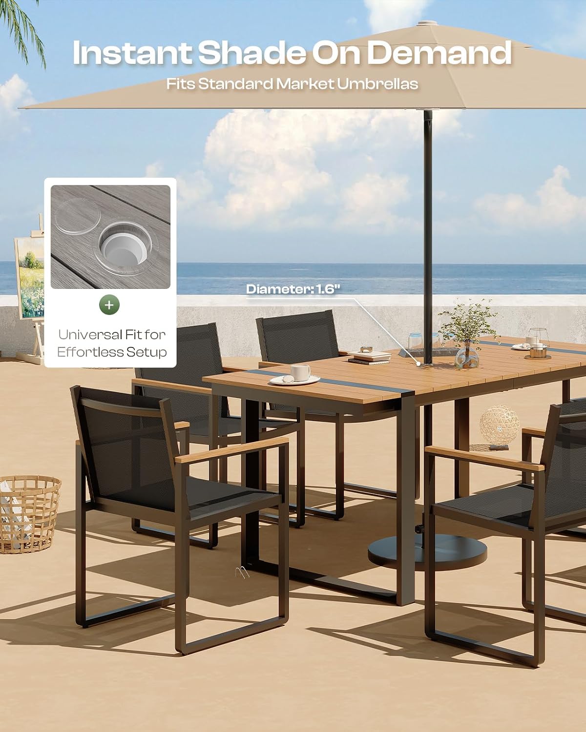 Outdoor Dining Table for 6, HDPS+ Aluminum Patio Dning Table with U-Shape Leg, Size: 67.4'*32.3'*29.6',Modern Rectangular Table for Lawn, Garden (Gray-Teak)