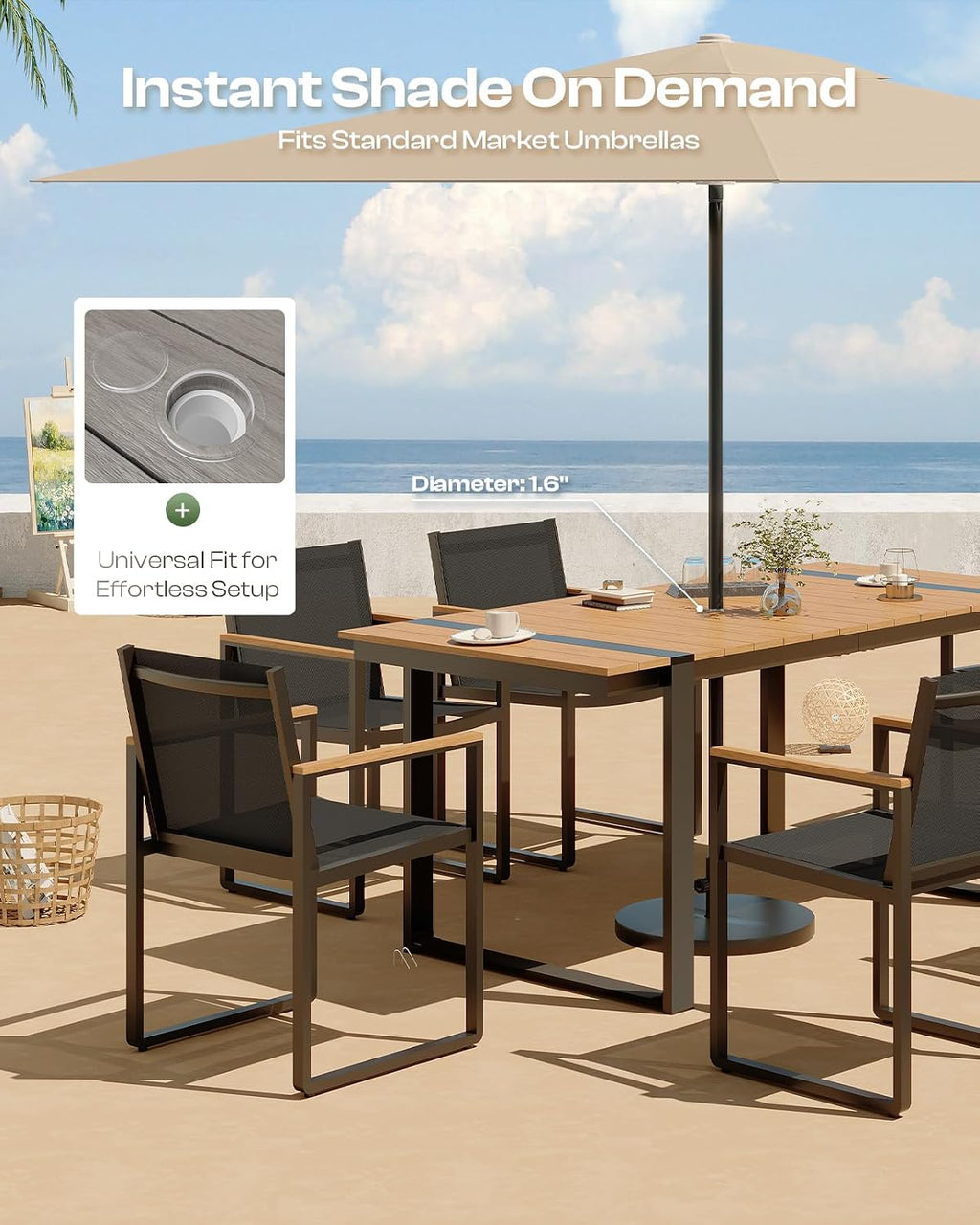 Outdoor Table and Chairs of 4, Patio Dining Sets, HDPS + Aluminum Outdoor Furniture Set with Umbrella Hole, Patio Dining Table Set (Gray-Teak)