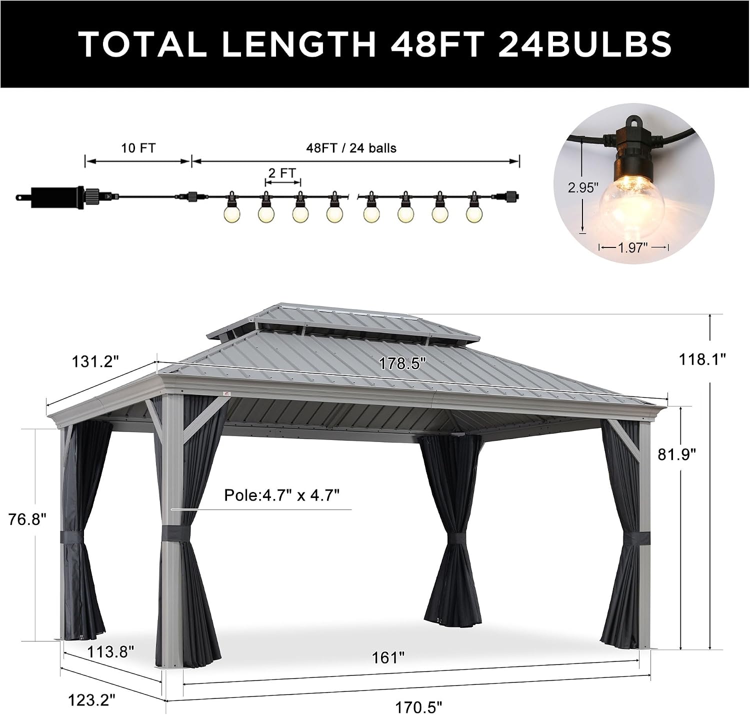 PURPLE LEAF 11' x 15' Hardtop Aluminum Gazebo with Double Metal Roof Heavy Duty Permanent Gazebo for Pool Patio Deck Lawn Garden All Weather Outdoor Pavilion Gazebos, Light Grey