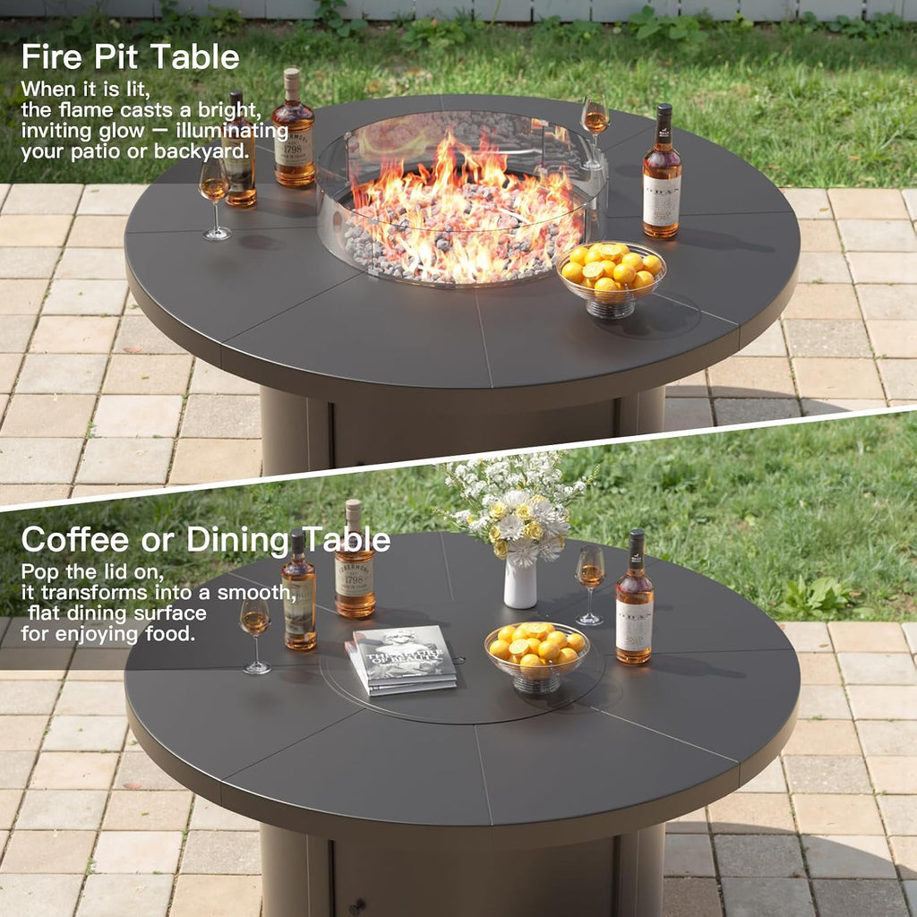 Kurapika 5 Piece Metal Outdoor Patio Furniture Set with Round Fire Pit Table, Patio Conversation Sets 4 Fixed Chairs with Thick Cushion and 40000 BTU Fire Pit Table, Navy Blue