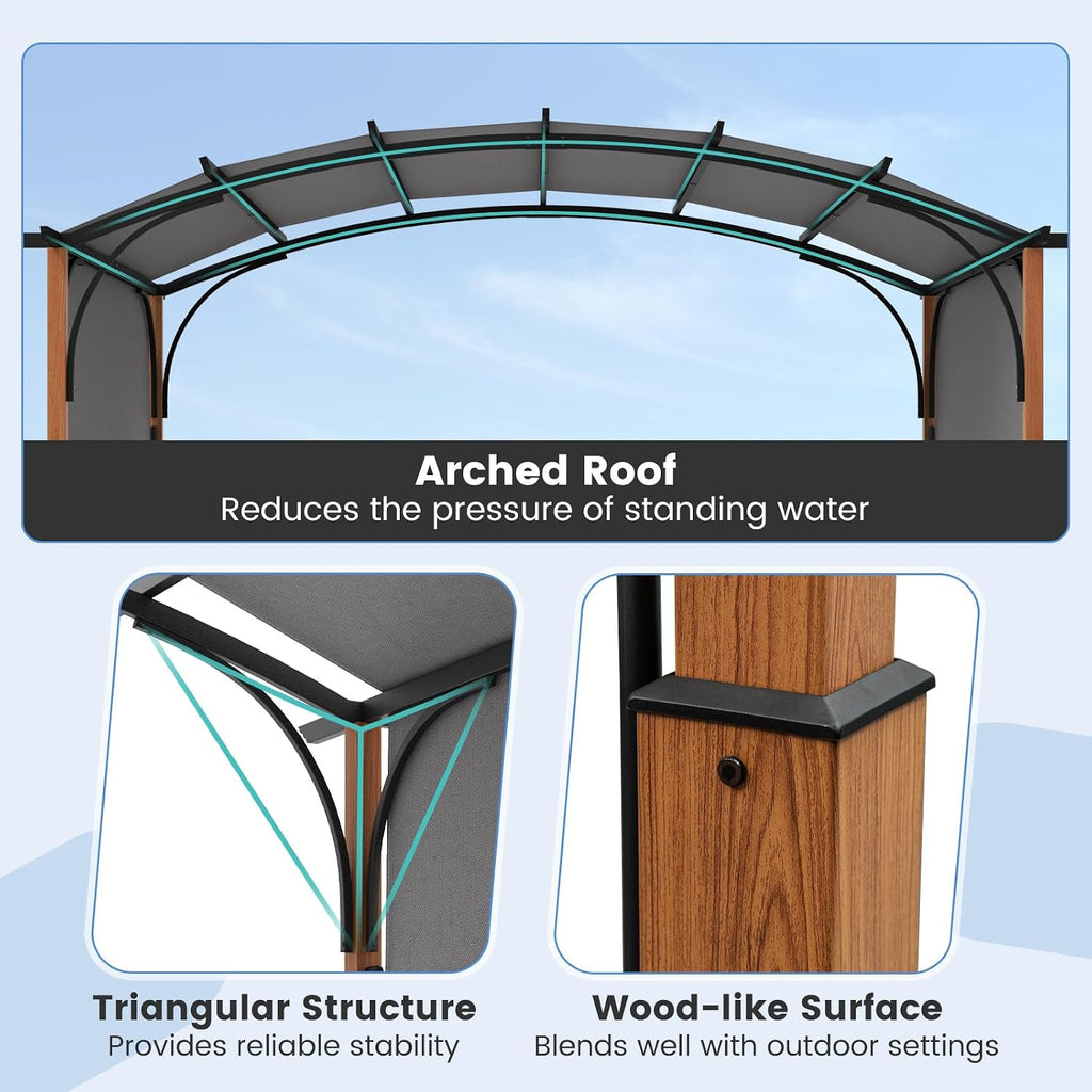 Tangkula 10x12Ft Pergola, Arched,with Retractable Sun Shade Canopy, Extra Large Patio Shelter Pavilion, Outdoor Pergola for Deck, Porch, Garden, Yard (Grey)