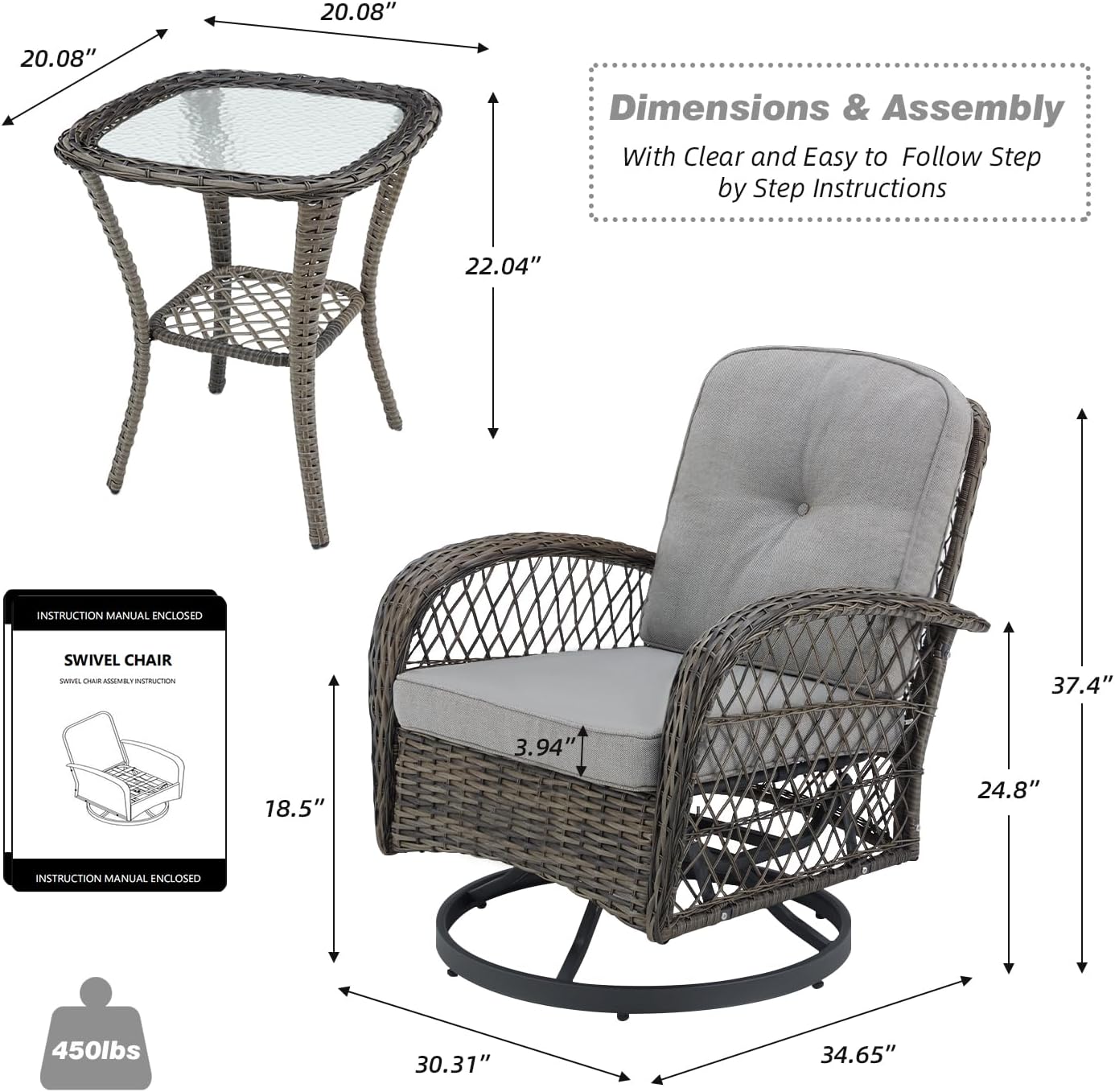 MELLCOM 3 Pieces Patio Furniture Set, Outdoor Swivel Rocker Patio Chairs, Wicker Patio Bistro Set with Rocking Chair, Thickened Cushions and Glass Coffee Table for Backyard, Garden, Grey