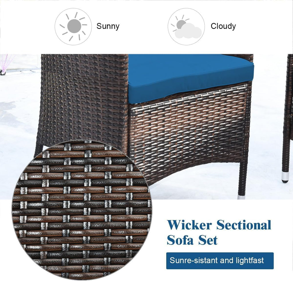 HOMGX 4-Piece Rattan Patio Furniture Set, Sectional Sofa Chair, Wicker Set with Tempered Glass Coffee Table & Thick Cushions, Perfect for Garden, Lawn, Poolside, Backyard (Peacock Blue)