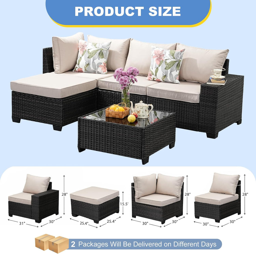 5 Pieces Outdoor Patio Furniture Set, Wicker Conversation Sets with Tea Table, Rattan Patio Sofa with Thick Cushions for Garden, Backyard, Poolside, Party, Beige