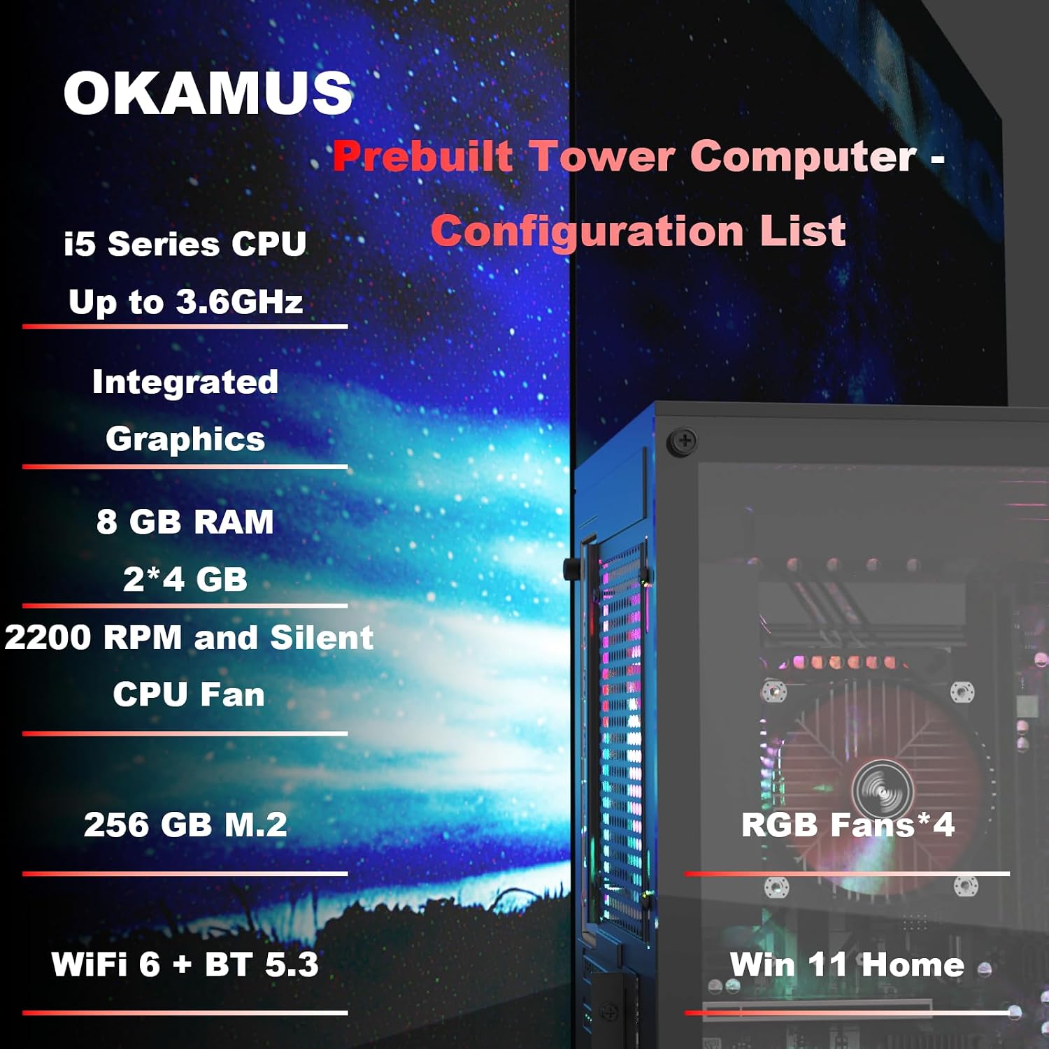 Gaming PC, i5 CPU Up to 3.6GHz, Integrated Graphics, 256 GB M.2, 8 GB RAM Pre-Built Computer, RGB Fans x 4, Win 11 Home，WiFi 6 + BT 5.3, 550W PSU (i5 CPU+256GB+8GB)