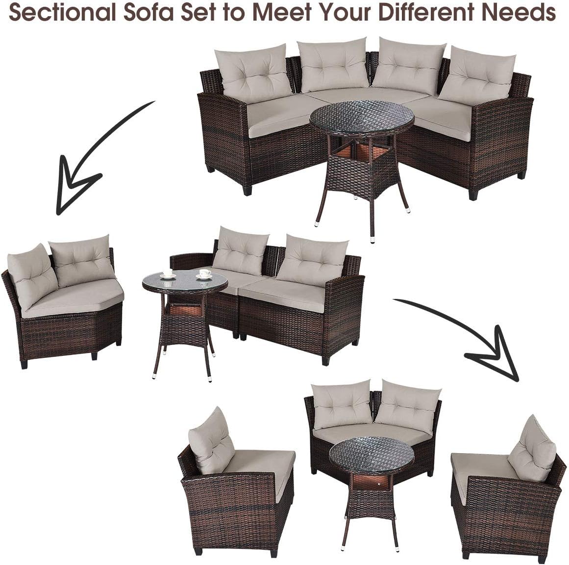 Tangkula 4-Piece C Shape Patio Furniture Set, Outdoor Corner Wicker Rattan Sectional Cushioned Sofa Set, with Glass Coffee Table, for Garden Poolside Balcony (Beige)