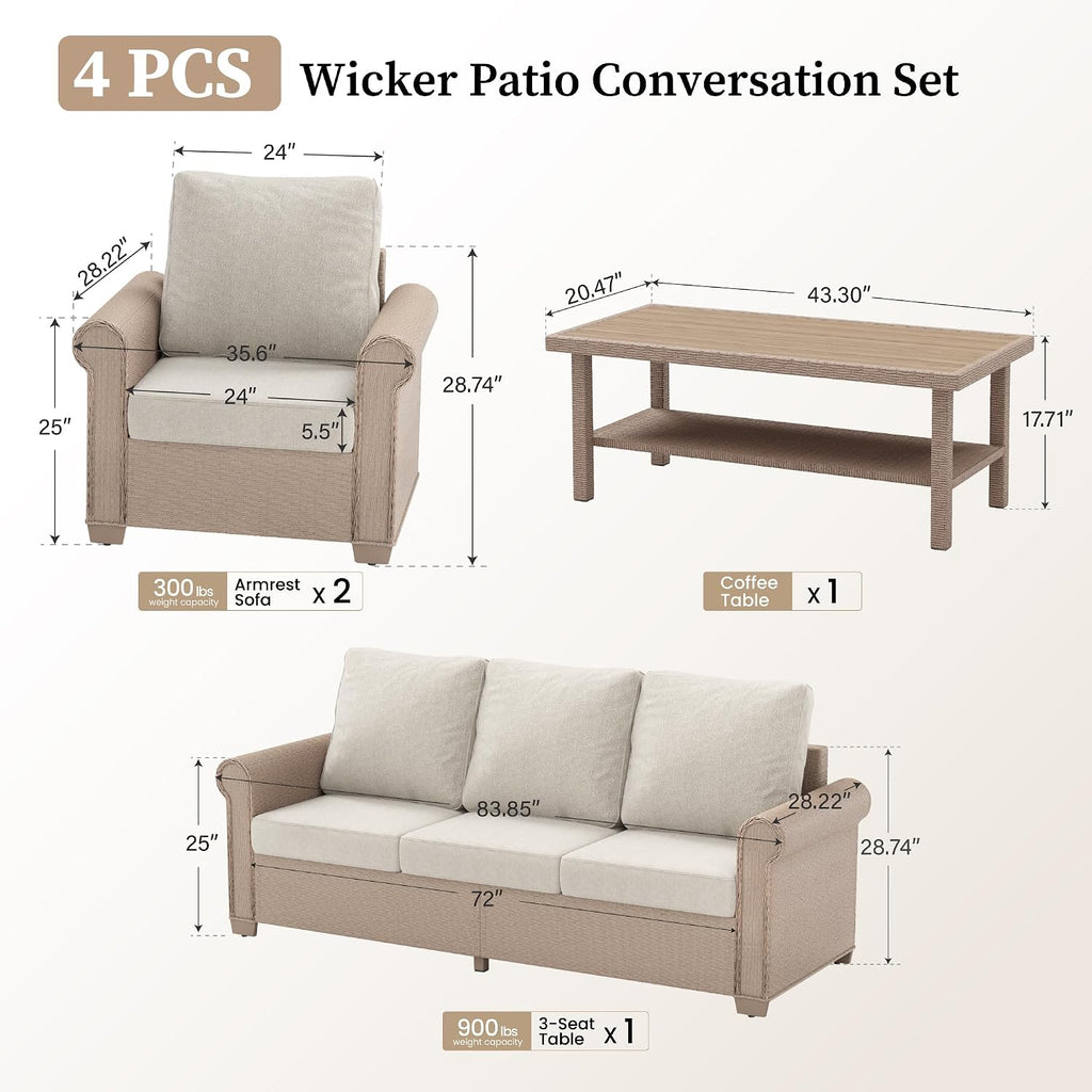 SUNSHINE VALLEY Patio Furniture Set 4 pcs, Wicker Rattan Sofa with 5.5' Thick Waterproof Cushions, 2 Chairs and Coffee Table, All Weather Outdoor Conversation Set for Backyard Deck, 5 Seats Beige