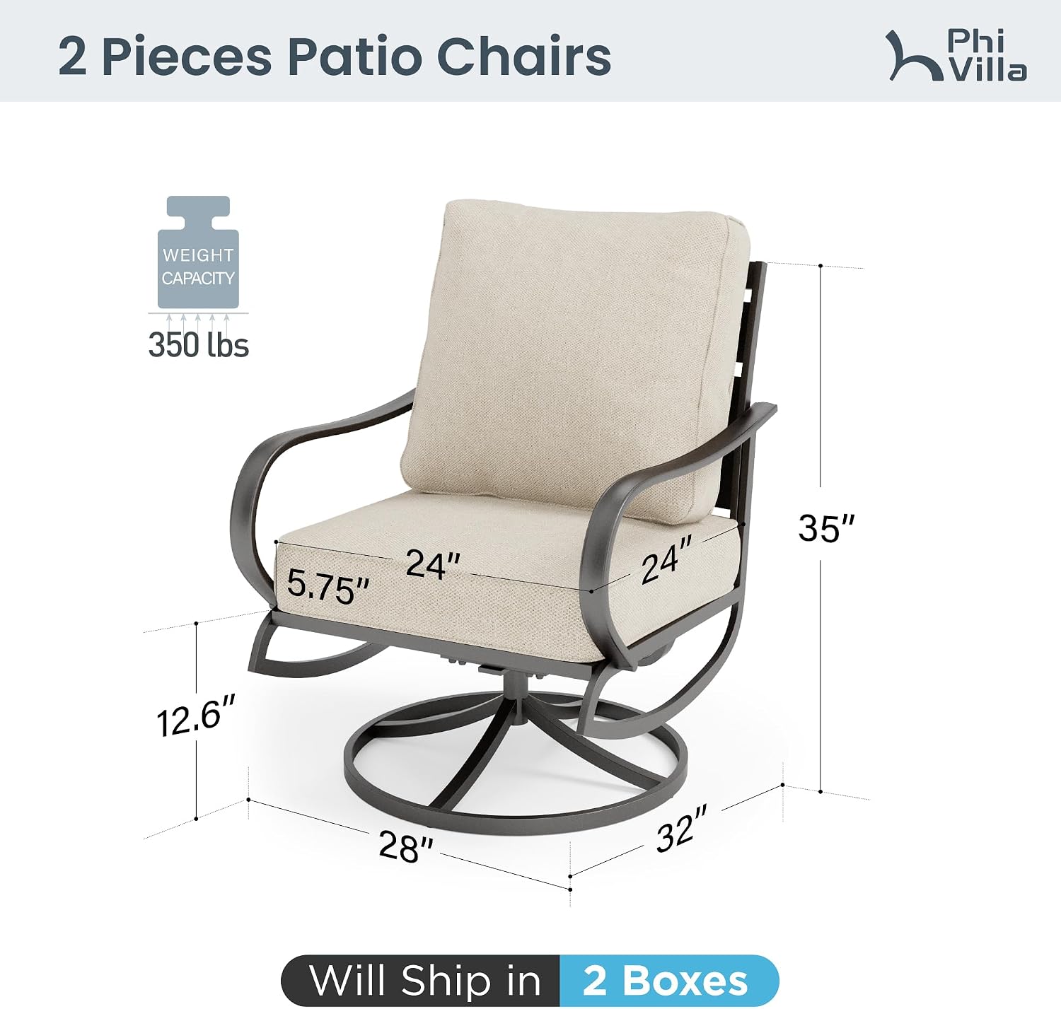 PHI VILLA Patio Furniture Chair Set for 2, Deluxe Outdoor Conversation Set with 2 Swivel Padded Sofa Chair, Full Metal with 5.8' Cushion for Deck, Lawn, Garden