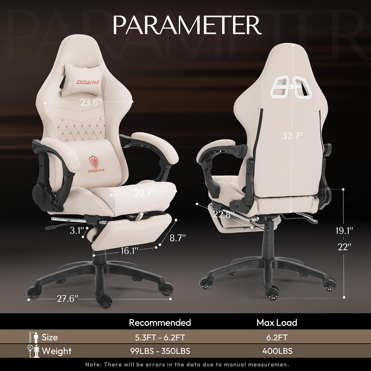 Dowinx Gaming Chair Big and Tall with Dual Extended Footrest & Massage, Ergonomic Reclining Computer Chair for Adults, Racing-Style Gamer Chair 400lbs Capacity, Heavy Duty Office PC Chair (White)