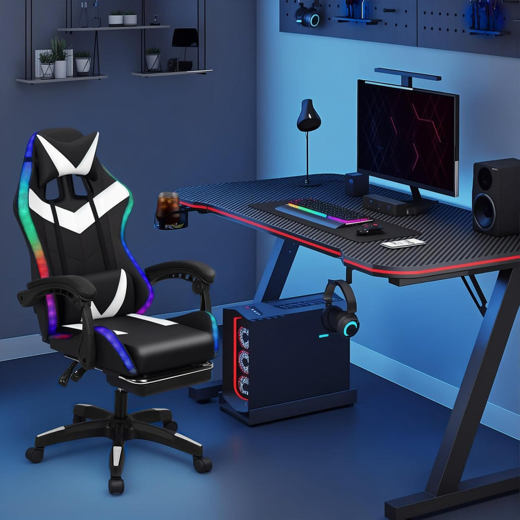 Gaming Chair with Bluetooth Speakers ＆ LED Lights, Ergonomic Massage Computer Chair Height Adjustable, Video Game Chair with 360° Swivel Seat and Headrest, 397LBS Load
