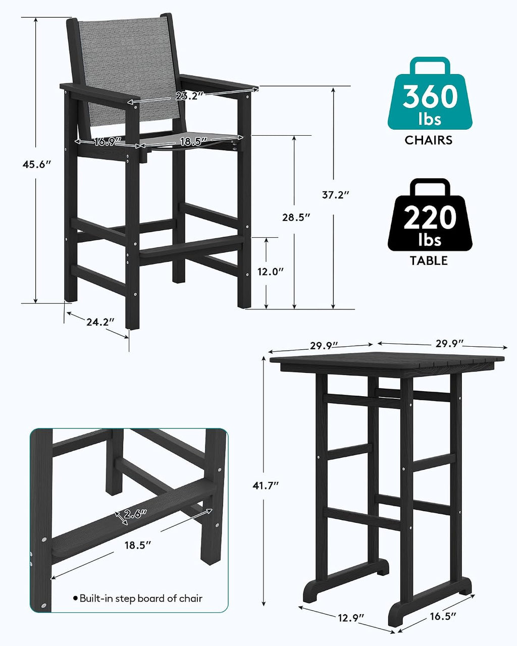 SERWALL Textilene Adirondack Bar Chairs Set of 2, Tall Adirondack Bar Height Chairs, Sling Balcony Adirondack Chairs, Weather Resistance Resin Outdoor Bar Height Stools, Black