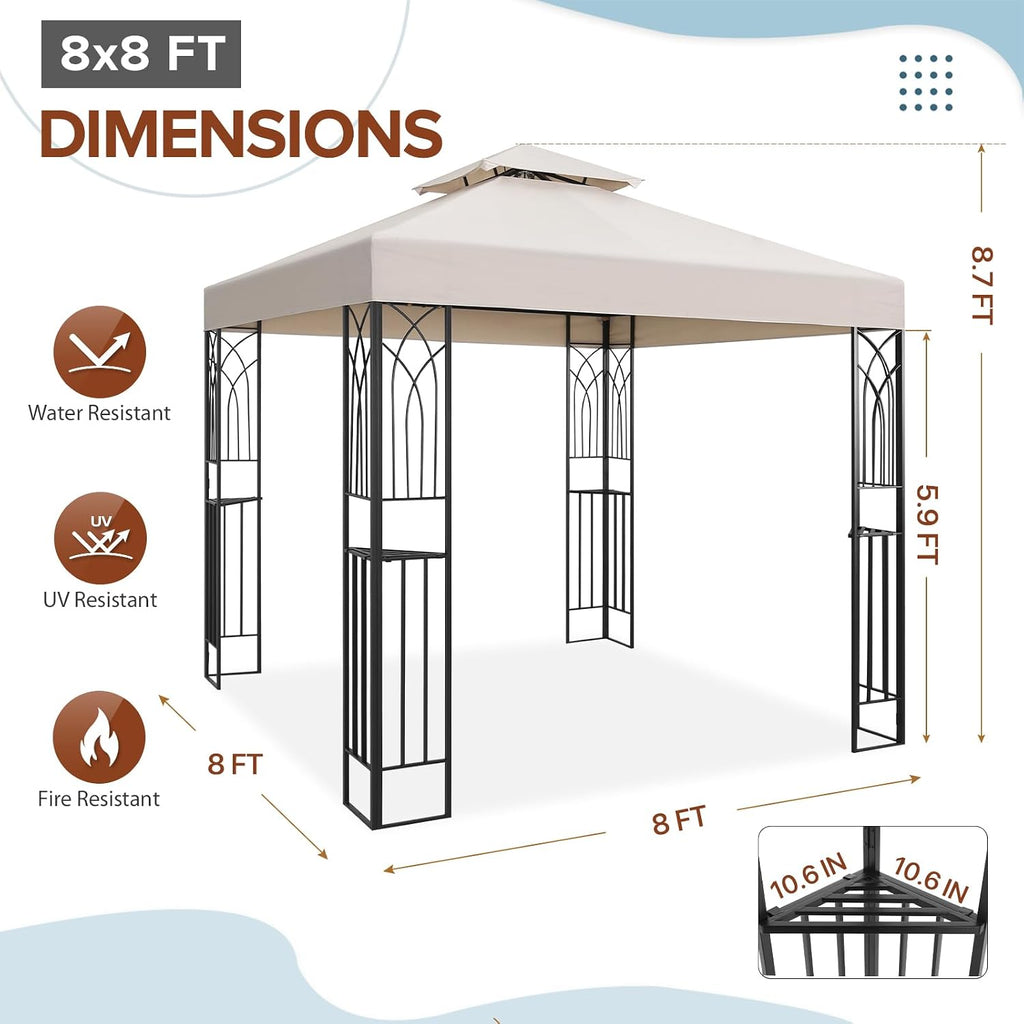EAGLE PEAK Patio Gazebo 8x8 with Corner Shelves, Double Roof Outdoor Pavilion for Lawn, Deck, Garden and Backyard, Beige