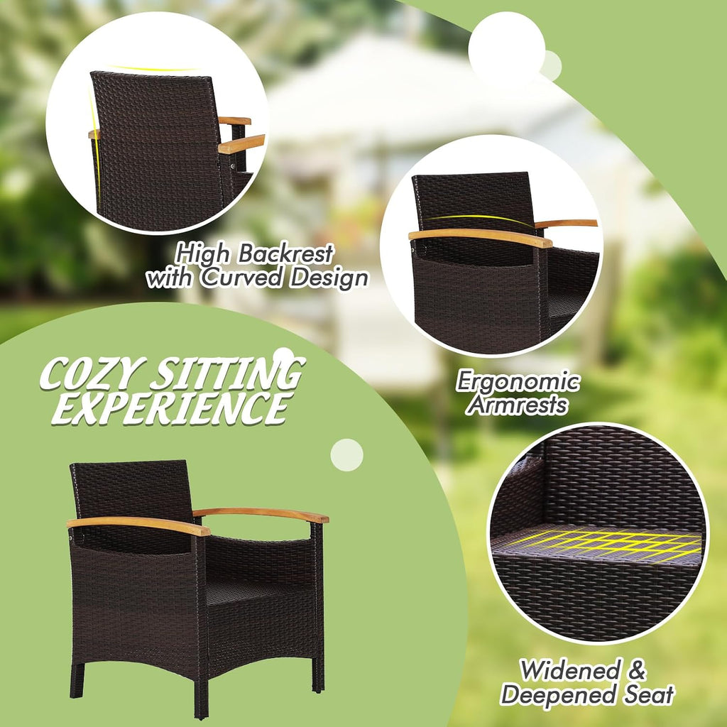 Tangkula 3-Piece Patio Furniture Set, Patiojoy Outdoor Rattan Sofa Set with Coffee Table, Patio Conversation Set with Removable Cushion, Cozy Acacia Wood Armrests for Backyard, Poolside (Beige)